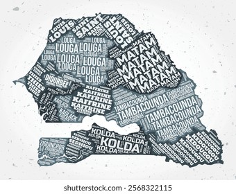 Senegal regions word clouds. Country shape on textured background. Senegal design in typographic style. Amazing vector illustration.