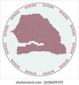 Senegal round logo design. Country shape built of rings. Senegal text around the country. Vector Illustration.