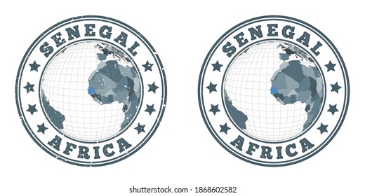 Senegal round logos. Circular badges of country with map of Senegal in world context. Plain and textured country stamps. Vector illustration.