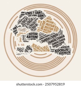 Senegal Round Poster. Typography style image of Country. Regions word clouds of Senegal. Vintage image design with scratch texture.