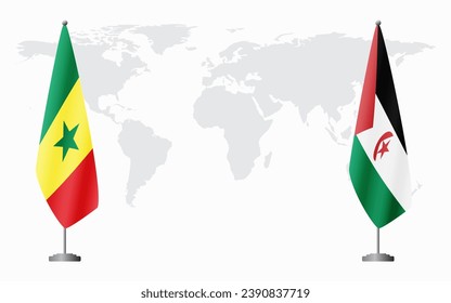 Senegal and Sahrawi Arab Democratic Republic flags for official meeting against background of world map.