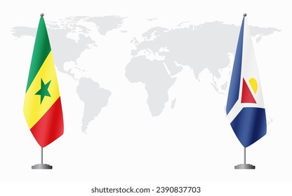 Senegal and Saint Martin flags for official meeting against background of world map.