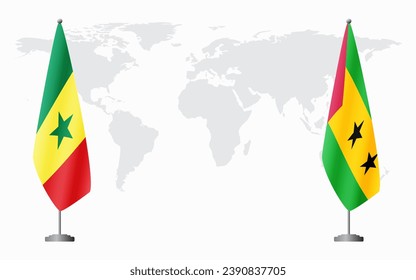 Senegal and Sao Tome and Principe flags for official meeting against background of world map.
