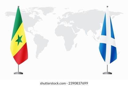 Senegal and Scotland flags for official meeting against background of world map.