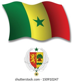 senegal shadowed textured wavy flag and coat of arms against white background, vector art illustration, image contains transparency transparency