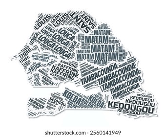 Senegal shape text cloud. Country border with shadow on white background. Senegal with regions division in vintage gazette style. Modern vector illustration.