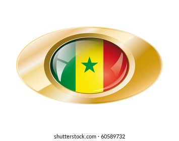 Senegal shiny button flag with golden ring vector illustration. Isolated abstract object against white background.