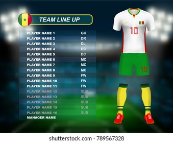 Senegal soccer jersey kit with team line up board on soccer stadium and crowd fan with spot light backdrop on night time. Concept for African football result background in vector illustrative