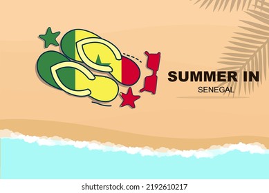 Senegal summer holiday vector banner, beach vacation concept, flip flops sunglasses starfish on sand, copy space area, Senegal summer travel and tourism idea with flag