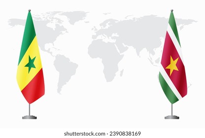 Senegal and Suriname flags for official meeting against background of world map.