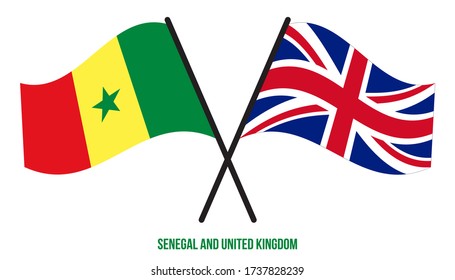 Senegal and United Kingdom Flags Crossed And Waving Flat Style. Official Proportion. Correct Colors.