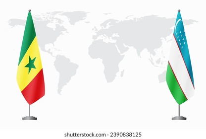 Senegal and Uzbekistan flags for official meeting against background of world map.