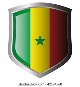senegal vector illustration flag on metal shiny shield. Collection of flags on shield against white background. Isolated object.