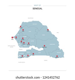 Senegal vector map. Editable template with regions, cities, red pins and blue surface on white background. 