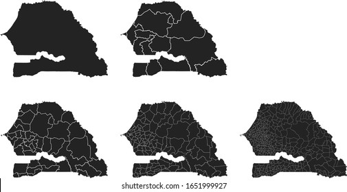 Senegal vector maps with administrative regions, municipalities, departments, borders