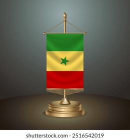 Senegal Vertical table flag with golden pole on dark gradient background, Template banner vector Illustration