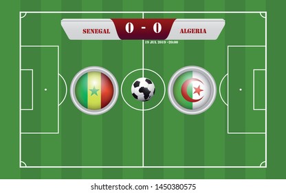 Senegal vs Algeria scoreboard broadcast template for sport soccer africa tournament 2019 round  finals and football championship in egypt vector illustration