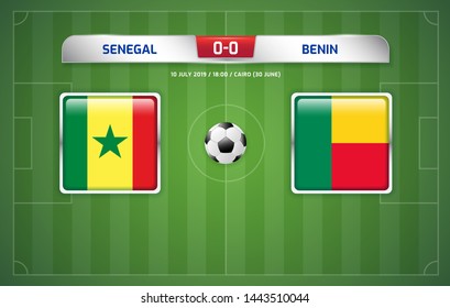 Senegal vs Benin scoreboard. Broadcast template for sport soccer. Africa tournament 2019 round quarter finals. Football championship in Egypt. Vector illustration.