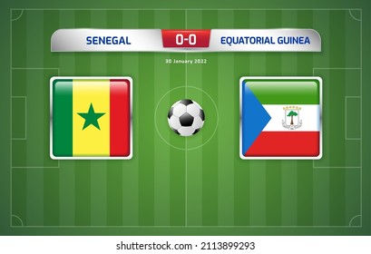 Senegal vs Equatorial Guinea scoreboard broadcast template for sport soccer africa tournament 2021 Round Quarter-finals and football championship in cameroon vector illustration