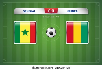 Senegal vs Guinea scoreboard broadcast template for sport soccer africa tournament 2021 Group B and football championship in cameroon vector illustration