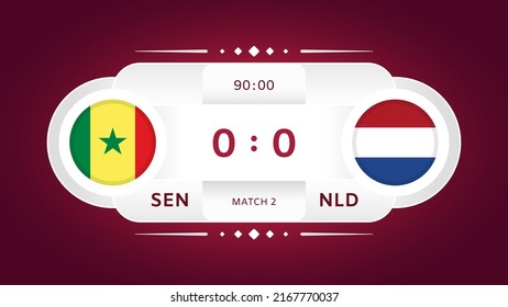 Senegal gegen Niederlande Match. Fußball 2022. Infografik zum Fußballweltmeisterschaftswettbewerb. Gruppenphase. Gruppe A. Poster, Ankündigung, Spielstand. Scoreboard-Vorlage. Vektorgrafik