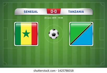 Senegal vs Tanzania scoreboard broadcast template for sport soccer africa tournament 2019 Group C and football championship in egypt vector illustration