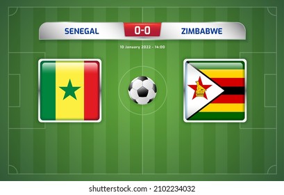 Senegal vs Zimbabwe scoreboard broadcast template for sport soccer africa tournament 2021 Group B and football championship in cameroon vector illustration