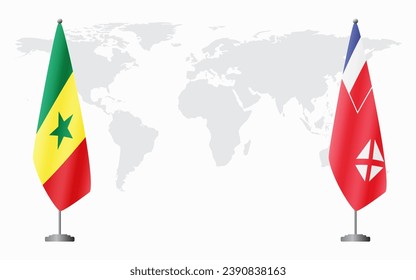 Senegal and Wallis and Futuna flags for official meeting against background of world map.
