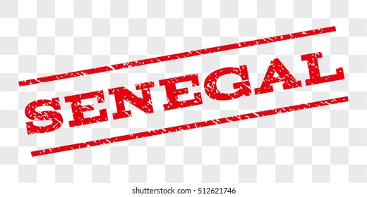 Senegal watermark stamp. Text caption between parallel lines with grunge design style. Rubber seal stamp with scratched texture. Vector red color ink imprint on a chess transparent background.