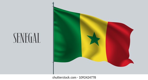 Senegal waving flag on flagpole vector illustration. Red green element of Senegalese wavy realistic flag as a symbol of country 