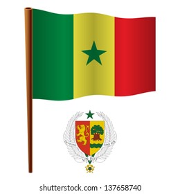 senegal wavy flag and coat of arm against white background, vector art illustration, image contains transparency