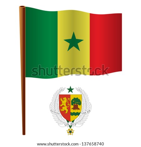 senegal wavy flag and coat of arm against white background, vector art illustration, image contains transparency