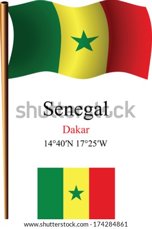 senegal wavy flag and coordinates against white background, vector art illustration, image contains transparency