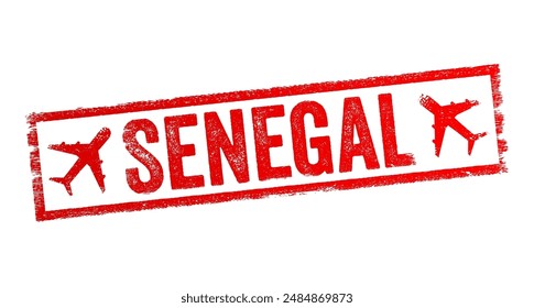 Senegal - is the westernmost country in West Africa, situated on the Atlantic Ocean coastline, text emblem stamp with airplane. No AI generated content