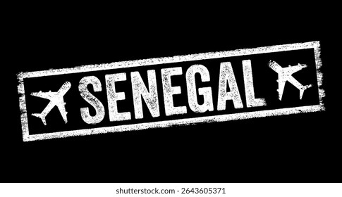 Senegal - é o país mais ocidental da África Ocidental, situado na costa do Oceano Atlântico, carimbo de texto com avião