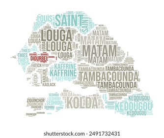 Senegal Word Cloud. Country shape with region division. Senegal typography style image. Region names tag clouds. Vector illustration.