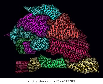 Senegal Word Cloud. Region names of the country in French language. Bright neon style design on dark background. Senegal shape with administrative division. Modern vector illustration.