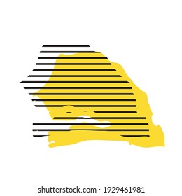 Senegal - yellow country silhouette with shifted black stripes. Memphis Milano style design. Slimple flat vector map.
