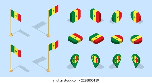 Senegalese flag (Republic of Senegal). 3D isometric flag set icon. Editable vector for banner, poster, presentation, infographic, website, apps, maps, and other uses.