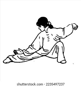 seni bela silat. silueta de la china de origen del arte marcial taichí. taichi, silat, vector gesto guerrero.