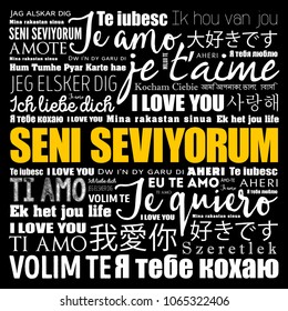 Seni seviyorum (I Love You in Turkish) in different languages of the world, word cloud background
