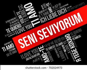 Seni seviyorum (I Love You in Turkish) in different languages of the world, word cloud background