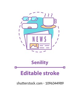 Senility concept icon. Elderly idea thin line illustration. Newspaper reading. Activities for seniors. Newspaper, hot drink, eyeglasses. Vector isolated outline drawing. Editable stroke