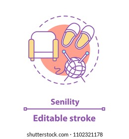 Senility concept icon. Elderly idea thin line illustration. Armchair, slippers, knitting wool and needle. Vector isolated outline drawing. Editable stroke