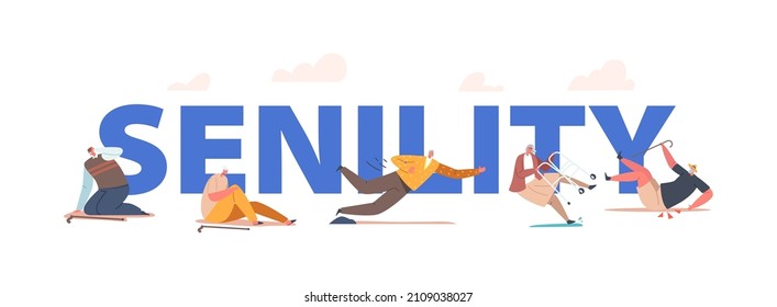 Senility Concept. Senior Male and Female Character Falling Down on the Ground due to Slippery Road, Clumsiness or Health Problem, Old People Poster, Banner or Flyer. Cartoon People Vector Illustration
