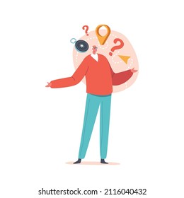 Senility Dementia Concept. Confused Old Male Character Forget Address and Lost in the City Isolated on White Background. Forgetful Senior Man with Alzheimer Disease. Cartoon People Vector Illustration