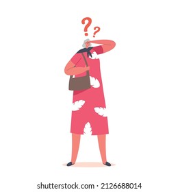 Senility, Memory Loss Concept. Senior Mature Woman Character Suffering Of Brain Disease. Alzheimer Illness Patient, Confused Pensive Grandmother Forgetfulness. Cartoon People Vector Illustration