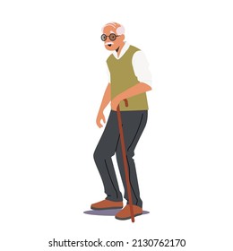 Senility, Old Ages Concept. Senior Man, Aged Grandfather Moving with Help of Walking Cane. Elderly White Haired Male Character Isolated on White Background. Cartoon People Vector Illustration