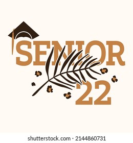 Senior 2022, flache Vektorgrafik mit Palmenblatt, Cheetah, Leopardendruck. Abitur mit Graduiertenhut. Hintergrund, Hemd, Einladung, Banner. Flaches Vektordesign, wilde Natur inspiriert