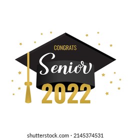 Senior 2022 lettering with graduation cap isolated on white. Congratulations to graduates typography poster.  Vector template for greeting card, banner, sticker, label, t-shirt, etc. 